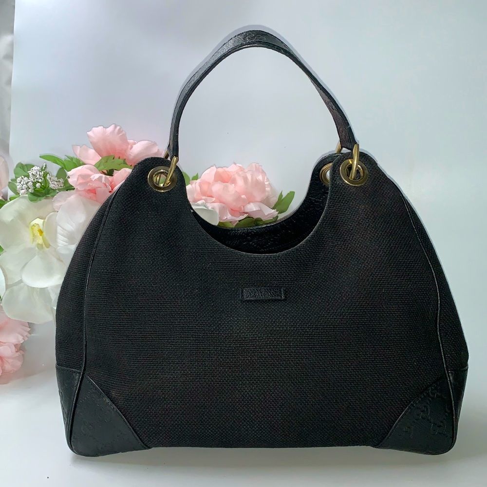 💎Authentic💎GUCCI Canvas and Guccissima Leather Trim Hobo Shoulder Bag Black Lg